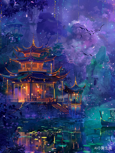 宫殿琼楼玉宇，海边洲渚，鲸涛静见，银宫如许