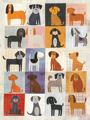 Scandinavian-inspired colorful illustrations of adorable dogs arranged on patchwork squares,playful,whimsical,brightly colored,and on a white background,making them perfect for kindergarten art,children's book illustrations,and scrapbooking.The artwork includes a variety of shsdes of orange,gray,blue,red,yellow,pink,black,brown,and purple,creating an upbeat,cheerful,and friendly atmosphere that will bring joy to your world!Featuring the style of Keith Haring.