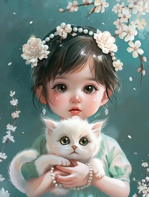 森系女孩和猫咒语：A cute alittle girl, asian, five years old, with a round face, pure face, pearl headband, front view, holding a white kitten, flowers, surrealistic style, bright colors, illustrations, high-quality, 8k ar 3:4 niji 6#壁纸 #AIGC插画 #midjourney #可爱女孩 #治愈系插画 #森系少女 #猫咪日常 #春天的味道 #我的萌宠 #头像插画