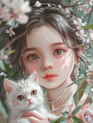 森系女孩和猫咒语：A cute alittle girl, asian, five years old, with a round face, pure face, pearl headband, front view, holding a white kitten, flowers, surrealistic style, bright colors, illustrations, high-quality, 8k ar 3:4 niji 6#壁纸 #AIGC插画 #midjourney #可爱女孩 #治愈系插画 #森系少女 #猫咪日常 #春天的味道 #我的萌宠 #头像插画