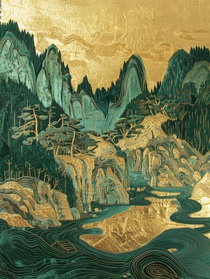 千里江山咒语：Chinese embroidery craft of a golden-blue-green mountain , with pavilions and trees, gilding, flowing liquid gold, minimalist color field, freehand brushwork, blank-leaving, organic form ar 3:4 v 6金蓝色青山的中国刺绣工艺，亭台楼阁，镀金，流金，极简色场，写意留白，有机形式#壁纸 #AIGC插画 #midjourney #midjourney咒语 #山水画 #中国风元素