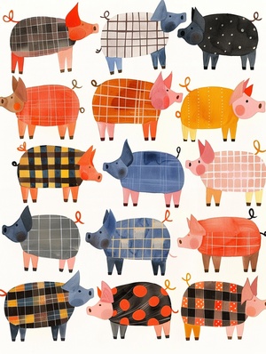 Scandinavian-inspired colorful illustrations of adorable pigs arranged on patchwork squares,playful,whimsical,brightly colored,and on a white background,making them perfect for kindergarten art,children's book illustrations,and scrapbooking.The artwork includes a variety of shsdes of orange,gray,blue,red,yellow,pink,black,brown,and purple,creating an upbeat,cheerful,and friendly atmosphere that will bring joy to your world!Featuring the style of Keith Haring.