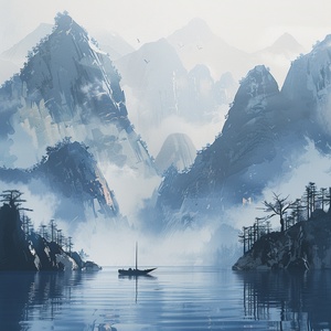 水墨画湖景，轻舟以过万重山，晨雾轻飘，运山近水。