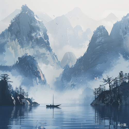 水墨画湖景