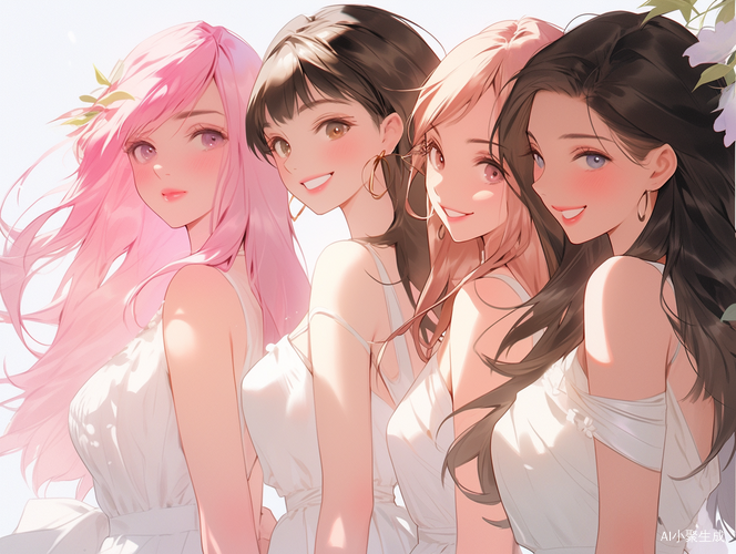 粉色发夹的自信自在四位可爱女孩