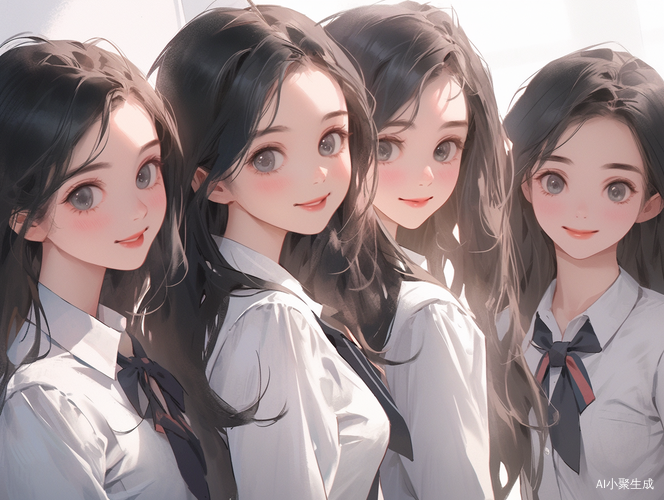 自然光线下，笑容灿烂的青绿校服女孩们展现个性魅力