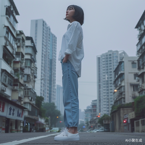 中国女青年沉思街头景色