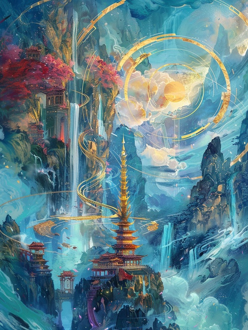 《西天轮渡》咒语：architecture, waterfalls and rivers, spiraling into infinity from center to top left, with gold lines forming circular patterns that wrap around it, golden spiral patterns. A giant humanoid statue stands tall at its centre, holding up a long sword above his head. The overall style has elements of traditional painting, with colorful hues and ink brush strokes in the style of Chinese painting #AICG插画 #Ai绘画 ##游戏原画