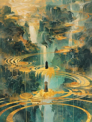 《西天轮渡》咒语：architecture, waterfalls and rivers, spiraling into infinity from center to top left, with gold lines forming circular patterns that wrap around it, golden spiral patterns. A giant humanoid statue stands tall at its centre, holding up a long sword above his head. The overall style has elements of traditional painting, with colorful hues and ink brush strokes in the style of Chinese painting #AICG插画 #Ai绘画 ##游戏原画