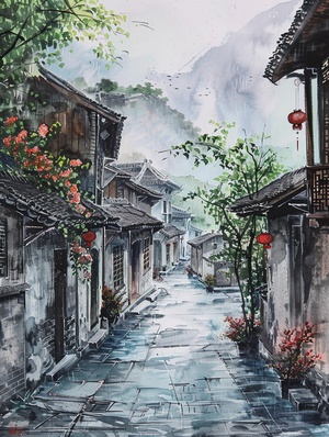 古镇街景，烟雨朦胧，树枝摇曳，绿意盎然中点缀这大片花朵，青石板路蜿蜒曲折