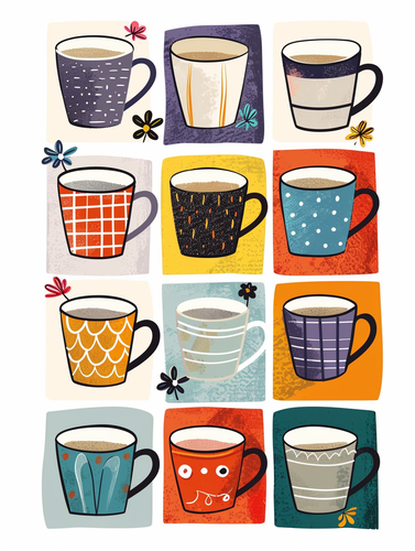 Colorful Coffee Cups on Patchwork Squares: Whimsical Illustrations Perfect for Kindergarten Art and Children's Books