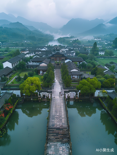 无人机航拍江南古镇全貌，天际线，群山环绕