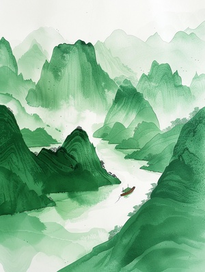 轻舟已过万重山，长路漫漫亦灿烂。咒语：Green mountains and rivers, small boat, ink, painting, annual rings, splashed, Chinese, Pointillism modernist Illustration, minimal,minimalism, quality, ar 3:4 #mj关键词 #Ai绘画 #AICG插画 #midjourney学习 #水墨画风格 #新中式国风 #场景插画