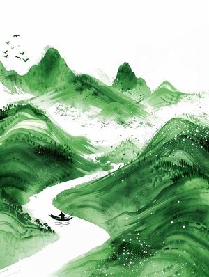 轻舟已过万重山，长路漫漫亦灿烂。咒语：Green mountains and rivers, small boat, ink, painting, annual rings, splashed, Chinese, Pointillism modernist Illustration, minimal,minimalism, quality, ar 3:4 #mj关键词 #Ai绘画 #AICG插画 #midjourney学习 #水墨画风格 #新中式国风 #场景插画