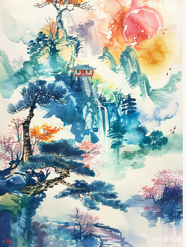 毛毡画：中国风云山树，吉祥动物纹饰，可爱幸运云