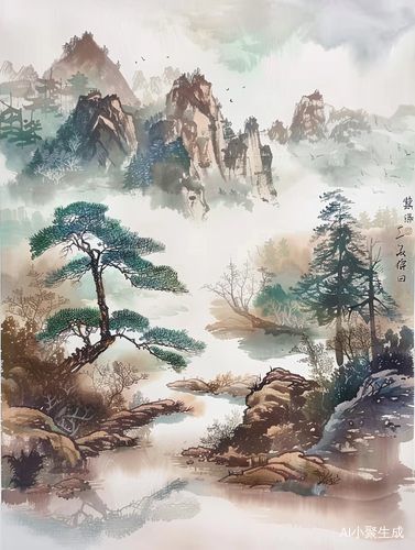 毛毡画：中国风云山树，吉祥动物纹饰，可爱幸运云