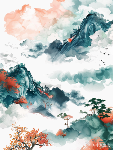 毛毡画：中国风云山树，吉祥动物纹饰，可爱幸运云