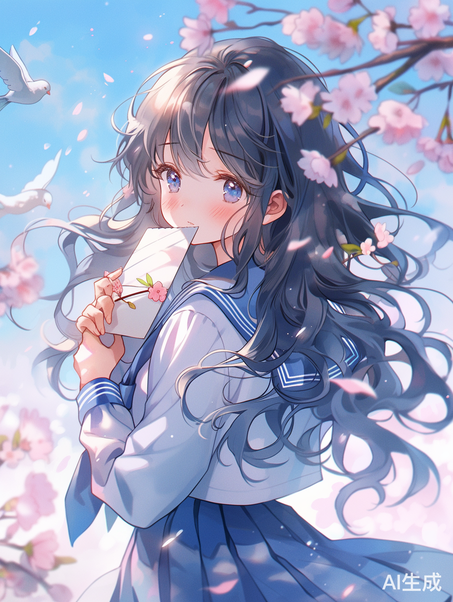 蓝色水手服下的拿信少女，樱花树下的日漫风景