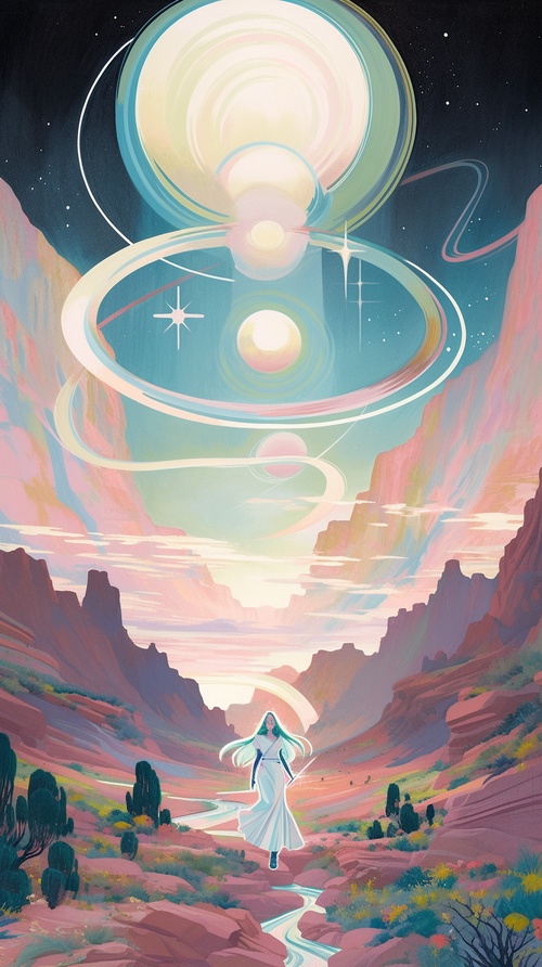 the planet Pluto rotating around an ethereal space goddess standing in a Sedona mountain valley, translucent liquid ribbons swirling around, dramatic lighting, pastel neon colors, dreamy aesthetic, pop surrealism, science fiction painting, shoujo comic manga, neon glow, Martine Johanna, Sarah Joncas, Alphonse Mucha, Natalia Dias, aurora borealis ar 9:16 v 5荷花