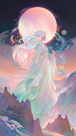 the planet Pluto rotating around an ethereal space goddess standing in a Sedona mountain valley, translucent liquid ribbons swirling around, dramatic lighting, pastel neon colors, dreamy aesthetic, pop surrealism, science fiction painting, shoujo comic manga, neon glow, Martine Johanna, Sarah Joncas, Alphonse Mucha, Natalia Dias, aurora borealis ar 9:16 v 5荷花