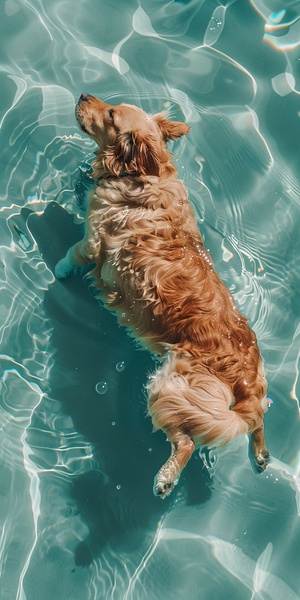 a dog (主体)floating in a body of water in the pool,Learback,clear and transparent water, light whiteandturquoise,y2k aesthetic,soft and dreamy colors,brightly colored， popular Instagram,high leveof detail,realistic photo feeling