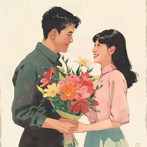 A young Chinese man holding a bouquet of flowers is asking a smiling young Asian woman if she can pretend to like him for April Fool’s Day. The woman replies that she cannot pretend, to which the man admits he genuinely likes her.