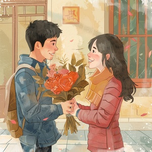 A young Chinese man holding a bouquet of flowers is asking a smiling young Asian woman if she can pretend to like him for April Fool’s Day. The woman replies that she cannot pretend, to which the man admits he genuinely likes her.