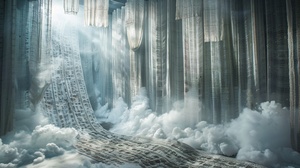 The long yarn scrolls covered with calligraphy are illuminated and spread in the air to form a huge waterfall, surrounded by clouds and fog, dreamlike, and the picture is clean and simple