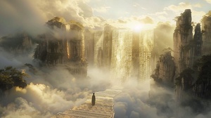 The long yarn scrolls covered with calligraphy are illuminated and spread in the air to form a huge waterfall, surrounded by clouds and fog, dreamlike, and the picture is clean and simple