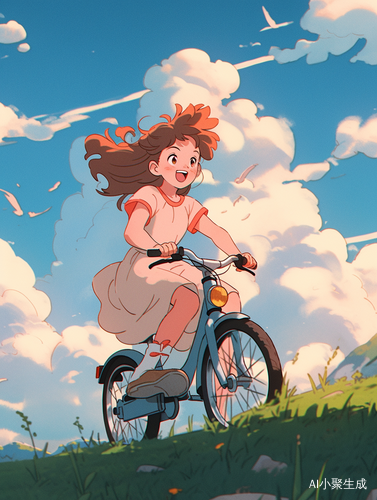 Charming Anime Adventure: Cute Girl Cycling among Serene Landscapes