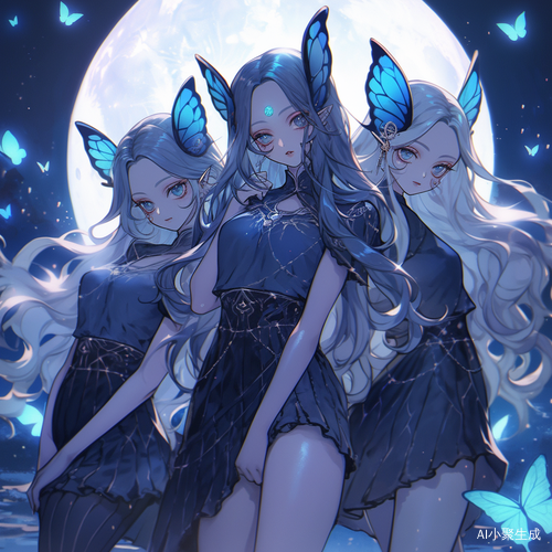 蓝色蝴蝶女生，月亮和海浪的动漫人物