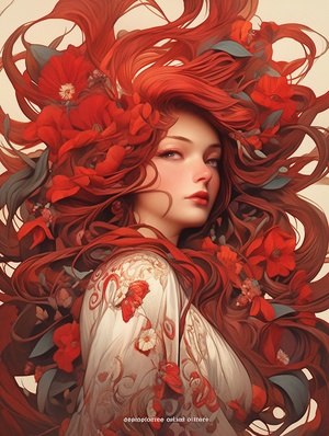 dynamic manga oil painting poster by Joseph Christian Leyendecker & James Jean & Anders Zorn & Jeremy Mann & Alphonse Mucha & Shepard Fairey, fairy girl in a dynamic pose, long red wavy hair , happycore, flowerpunk, tattoo core, intricate details, dynamic portraiture, dramatic lighting, backlit, raking light, vibrant ar 9:16 v 5，空白底，正面，上半身