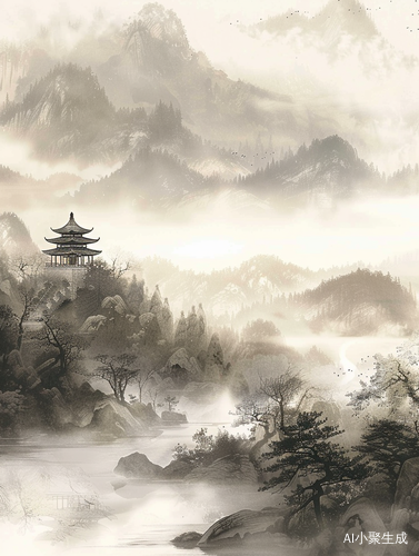 中国山水画中的水墨美景：细腻笔触、层次分明