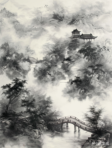 中国山水画中的水墨美景：细腻笔触、层次分明