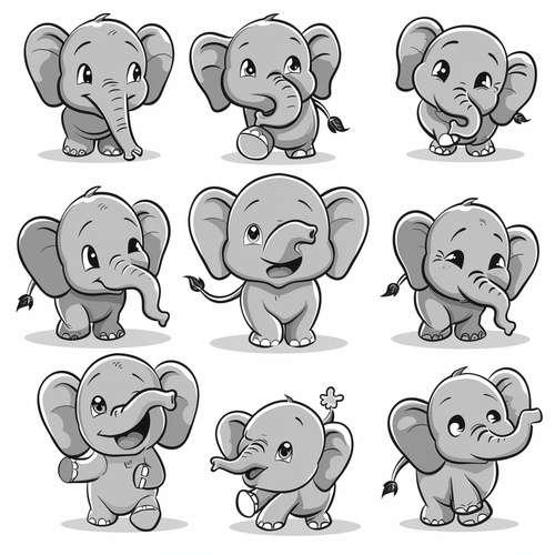 cute little elephant，multiple poses and expressions，exaggerated movements ，different emotions，white background，emoji as illustration set, with bold manga line style, dynamic pose, the style of line drawing style，sticker art design，exquisite details, nine palace grid cute s 50niji 5 style cute