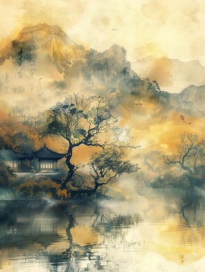 写意山水｜黄鹤西辞空余楼关键词提示： Ancient Chinese garden architecture, poster composition, gold powder, gold paint, classical landscape painting, surrealism#视觉艺术 #中国风 #Ai绘画 #AIGC #Ai #壁纸 #配色 #配色分享 #意境 #诗词 #古风 #国风 #新中式 #东方美学 #数字艺术 #插画 #绘画日常 #海报设计