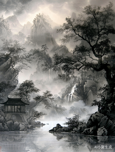 中国山水画中的水墨绘制表达自然和谐的景象