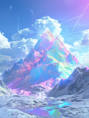 超现实艺术科技感风景关键词：Surrealism, rainbow rgb mountain, blue sky, White clouds, glass colors, bright background, 3D art, C4D, OC rendering, from behance, studio lighting, HD 8K翻译：超现实主义，彩虹rgb的高山，蓝天，白云，琉璃色彩，明亮的背景，3D艺术，C4D，OC渲染，来自behance，工作室照明，高清8K#ai #Ai绘画 #自然风光分享 #ai关键词 #海报设计 #风景 #高山 #山 #科技风 #艺术 #超现实 #设计 #海报