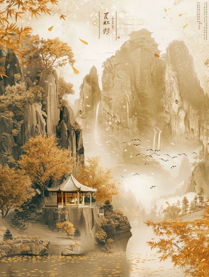 黄鹤西辞空余楼山无言，草憩，楼空关键词提示： Ancient Chinese garden architecture, poster composition, gold powder, gold paint, classical landscape painting, surrealism#视觉艺术 #中国风 #Ai绘画 #AIGC #Ai #壁纸 #配色 #配色分享 #意境 #诗词 #古风 #国风 #新中式 #东方美学 #数字艺术 #插画 #绘画日常 #海报设计