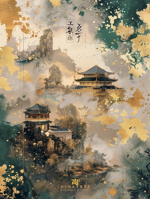 黄鹤西辞空余楼山无言，草憩，楼空关键词提示： Ancient Chinese garden architecture, poster composition, gold powder, gold paint, classical landscape painting, surrealism#视觉艺术 #中国风 #Ai绘画 #AIGC #Ai #壁纸 #配色 #配色分享 #意境 #诗词 #古风 #国风 #新中式 #东方美学 #数字艺术 #插画 #绘画日常 #海报设计