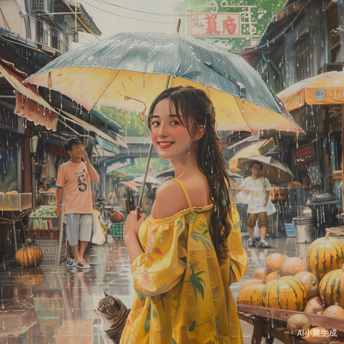 雨中黄衣女大学生与狸花猫的甜蜜邂逅