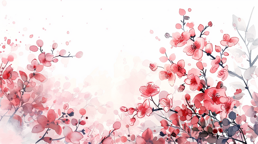 白底粉色花卉丛手绘插画水彩