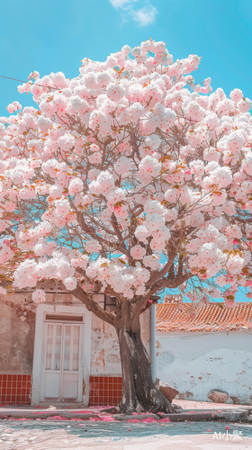 Pink and White Flower Tree in Front of Old Building