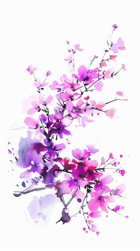 白底粉紫色花卉丛手绘插画