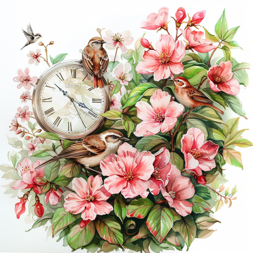 白底粉色花卉丛钟表鸟手绘插画