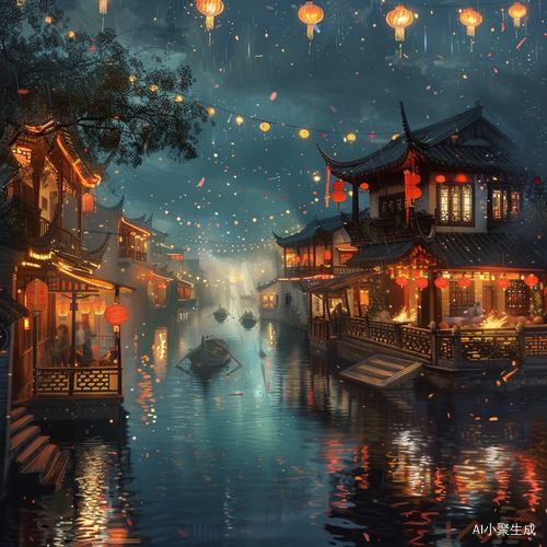 梦幻中华：气泡风格下的古镇夜景