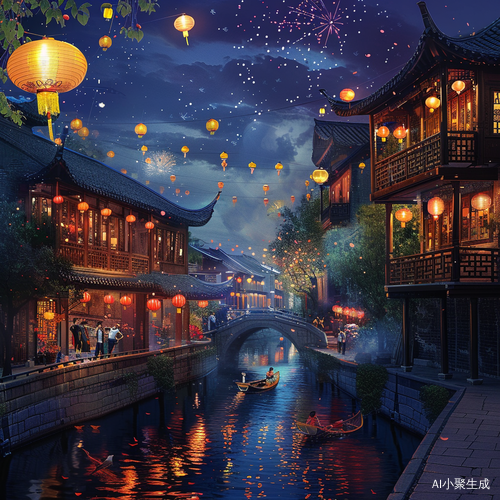 梦幻中华：气泡风格下的古镇夜景