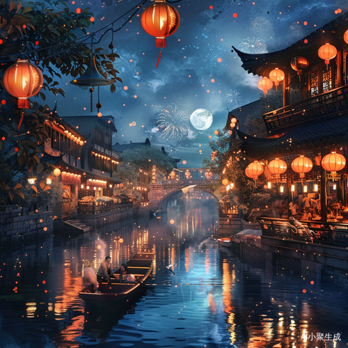 梦幻中华：气泡风格下的古镇夜景