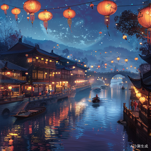 梦幻中华：气泡风格下的古镇夜景