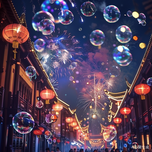 彩泡璀璨夜 烟火与传统风情共舞 春节奇遇